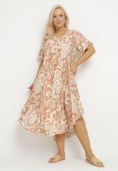 Beżowa Rozkloszowana Sukienka z Wiskozy z Geometrycznym Wzorem Emisova. Brązowe sukienki damskie Born2be, na co dzień, xl, bez wzorów, z wiskozy, eleganckie, bez kołnierzyka, bez ramiączek, midi, rozkloszowane. Za 74.99 zł.