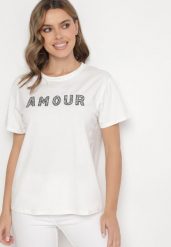 Biały T-shirt z Bawełny Ozdobiony Haftowanym Napisem z Cekinami Marisiana. Białe t-shirty damskie Born2be, m, bez wzorów, z bawełny, glamour, bez kołnierzyka, bez ramiączek. Za 34.99 zł.