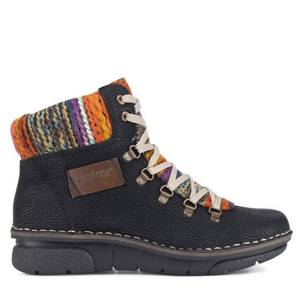 Trzewiki Rieker. Czarne botki damskie Rieker, bez wzorów, bez obcasa, na płaskiej podeszwie, bez zapięcia. Za 369.99 zł.