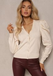 Beżowy Rozpinany Kardigan z Wiskozą Ozdobiony Guzikami Kwiatkami Enarine. Brązowe kardigany damskie Renee, uniwersalny, bez wzorów, z jeansu, eleganckie, bez kołnierzyka. Za 119.99 zł.