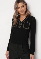 Czarny Sweter w Stylu Retro z Ozdobnym Łańcuszkiem Elioraca. Czarne swetry nierozpinane damskie Born2be, na zimę, bez wzorów, retro, bez kołnierzyka, bez ramiączek. Za 54.99 zł.