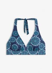 Biustonosz bikini z dekoltem typu halter w serek. Niebieskie bikini bonprix, bez wzorów. Za 74.99 zł.