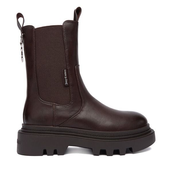 Sztyblety Juicy Couture. Brązowe botki damskie Juicy Couture, bez wzorów, bez obcasa, na płaskiej podeszwie, bez zapięcia. Za 329.99 zł.