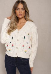 Jasnobeżowy Kardigan z Dodatkiem Wełny z Naszywkami w Kształcie Kwiatów Gatina. Brązowe kardigany damskie Renee, l, z aplikacjami, z jeansu, eleganckie, bez kołnierzyka. Za 84.99 zł.