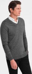 Ombre Sweter męski z dekoltem "w serek" z koszulowym kołnierzykiem - grafitowy V3 OM-SWSW-0102 S. Szare swetry męskie Ombre, m, bez wzorów, bez kołnierzyka, bez ramiączek. Za 129.99 zł.