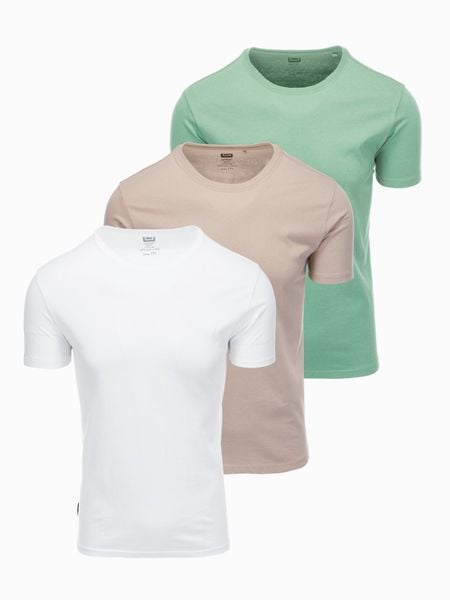Zestaw męskich koszulek bawełnianych BASIC z okrągłym dekoltem – szarozielony/biały/beżowy V14 - Rozmiar: L. Zielone t-shirty męskie Ombre Clothing, l, bez wzorów, z bawełny, bez kołnierzyka, bez ramiączek. Za 149.99 zł.