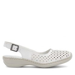 Sandały Rieker. Białe sandały damskie Rieker, bez wzorów, bez obcasa, na płaskiej podeszwie, bez zapięcia. Za 289.99 zł.