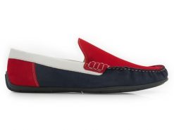 Czerwono-biało-granatowe mokasyny T57 B. Białe buty wizytowe męskie Modini Moda Męska, na lato, bez wzorów, z gumy, bez obcasa, bez zapięcia. W wyprzedaży za 269.10 zł.