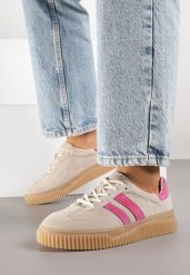 Beżowo-Fuksjowe Sneakersy Typu Tenisówki ze Skórzaną Wkładką Ozdobione Paskami Melissele. Brązowe trampki i tenisówki damskie Born2be, bez wzorów, bez zapięcia. Za 209.99 zł.