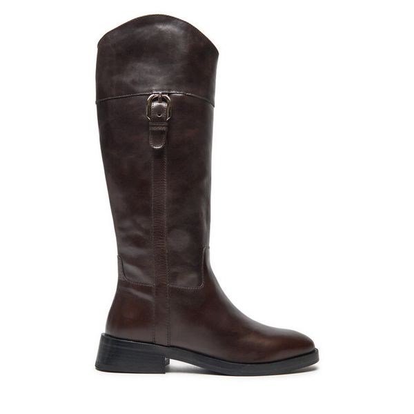 Kozaki Geox. Brązowe kozaki damskie Geox, bez wzorów, bez obcasa, na płaskiej podeszwie, bez zapięcia. Za 569.99 zł.