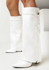 Białe Kozaki ze Szpiczastym Noskiem i Wywiniętą Cholewką Quirina. Białe kozaki damskie Born2be, na zimę, bez wzorów, z materiału, ze szpiczastym noskiem, bez obcasa, na obcasie, bez zapięcia. Za 199.99 zł.