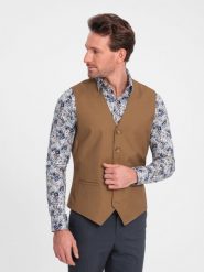 Kamizelka męska garniturowa bez klap - karmelowa V1 OM-BLZV-0112 - XL. Brązowe garnitury męskie Ombre Clothing, l, bez wzorów, z poliesteru, eleganckie. Za 143.99 zł.