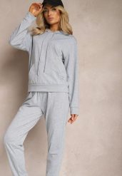 Szary Klasyczny Komplet Dresowy z Bluzą Kangurką i Spodniami Typu Jogger Salevia. Szare bluzy damskie Renee, m, bez wzorów, z dresówki, klasyczne, bez ramiączek, bez kaptura. Za 74.99 zł.