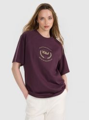4F T-shirt oversize z nadrukiem damski - fioletowy L. Fioletowe t-shirty damskie 4F, l, bez wzorów, z bawełny, klasyczne, bez kołnierzyka, bez ramiączek. W wyprzedaży za 49.99 zł.