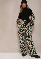 Zielono-Beżowe Panterkowe Spodnie o Szerokim Kroju Paper Bag High Waist Saliandra. Zielone spodnie materiałowe damskie Renee, bez wzorów, z jeansu, eleganckie, z podwyższonym stanem. Za 74.99 zł.