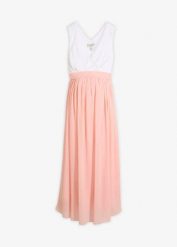 Elegancka sukienka ciążowa z funkcją karmienia. Białe sukienki damskie bonprix, bez wzorów, eleganckie, bez kołnierzyka, moda ciążowa, bez ramiączek. Za 119.99 zł.