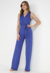 Granatowy Kombinezon Chionadina. Niebieskie sukienki damskie Born2be, l, bez wzorów, eleganckie, bez kołnierzyka, bez ramiączek, maxi, kopertowe. Za 139.99 zł.