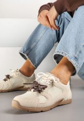 Beżowe Sneakersy z Podwójnymi Sznurówkami Terfitra. Brązowe obuwie sportowe damskie Renee, bez wzorów, bez zapięcia. Za 79.99 zł.