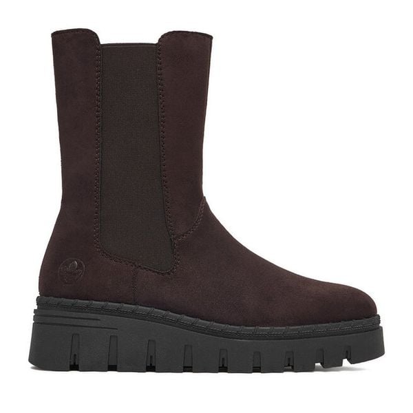 Botki Rieker. Brązowe botki damskie Rieker, bez wzorów, bez obcasa, na koturnie, bez zapięcia. Za 389.99 zł.