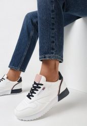 Biało-Różowe Buty Sportowe Neanara. Białe obuwie sportowe damskie Born2be, bez wzorów, z okrągłym noskiem, bez zapięcia. Za 89.99 zł.
