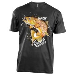 Koszulka wędkarska Jaxon Nature Pstrąg. Czarne bluzki damskie Jaxon, s, bez wzorów, sportowe, bez kołnierzyka, bez ramiączek. Za 69.99 zł.