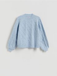 Sweter z domieszką wełny - jasnoniebieski. Niebieskie swetry nierozpinane damskie Reserved, l, bez wzorów, z dzianiny, bez kołnierzyka, bez ramiączek. Za 139.99 zł.