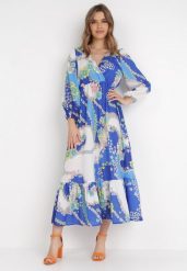 Granatowa Sukienka z Bawełny Ionaste. Niebieskie sukienki damskie Born2be, m, bez wzorów, z bawełny, bez kołnierzyka, bez ramiączek, maxi, kopertowe. Za 159.99 zł.