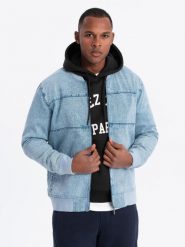 Kurtka męska jeansowa bomberka z efektem stone wash – jasnoniebieska V3 OM-JADJ-0163 - XXL. Szare kurtki męskie Ombre Clothing, l, bez wzorów, z bawełny, klasyczne, bez kaptura. Za 179.99 zł.