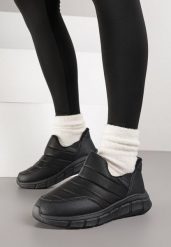 Czarne Sneakersy Śniegowce na Platformie z Tłoczeniem i Pikowaną Cholewką Vermina. Czarne śniegowce damskie Renee, z dresówki, bez zapięcia. Za 49.99 zł.
