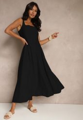 Czarna Rozkloszowana Sukienka z Wiskozy Ozdobiona Kwadratowym Dekoltem Avledia. Czarne sukienki damskie Renee, l, bez wzorów, z wiskozy, eleganckie, bez kołnierzyka, bez ramiączek, maxi, rozkloszowane. Za 84.99 zł.