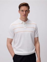 Sweter polo w paski - Inny. Swetry męskie Reserved, l, bez wzorów, z bawełny, bez kołnierzyka, bez ramiączek. W wyprzedaży za 45.99 zł.