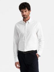 Klasyczna męska koszula SLIM FIT z tkaniny satynowej – biała V1 OM-SHOS-0176 - XXL. Białe koszule męskie Ombre Clothing, l, bez wzorów, z bawełny, biznesowe, bez kołnierzyka, bez ramiączek. W wyprzedaży za 119.99 zł.