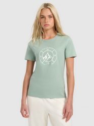 4F T-shirt regular z nadrukiem damski - zielony M. Zielone t-shirty damskie 4F, m, bez wzorów, z bawełny, bez kołnierzyka, bez ramiączek. Za 59.99 zł.