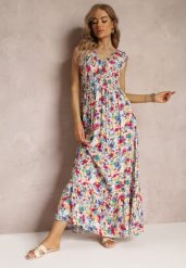 Biało-Czerwona Rozkloszowana Sukienka Maxi w Kwiaty z Gumką w Talii i przy Dekolcie Eirerene. Białe sukienki damskie Renee, na imprezę, l, bez wzorów, z tkaniny, bez kołnierzyka, bez ramiączek, maxi, rozkloszowane. Za 69.99 zł.