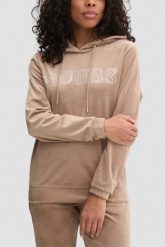 GUESS Brązowa welurowa damska bluza Couture. Brązowe bluzy damskie Guess, s, z aplikacjami, z weluru, bez ramiączek, z kapturem. W wyprzedaży za 236.99 zł.