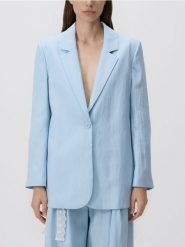 Marynarka z wiskozą - jasnoniebieski. Niebieskie marynarki i żakiety damskie Reserved, bez wzorów, z tkaniny, bez kołnierzyka, bez ramiączek. Za 229.99 zł.