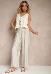 Jasnoszare Spodnie High Waist o Szerokim Kroju z Wiązaniem Telisiela. Szare spodnie materiałowe damskie Renee, bez wzorów, z jeansu, eleganckie, z podwyższonym stanem. Za 39.99 zł.