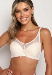 Beżowy Koronkowy Biustonosz Push-Up ze Zdobieniami i Kokardką Rivathina. Brązowe biustonosze Born2be, z aplikacjami, z jeansu. Za 34.99 zł.