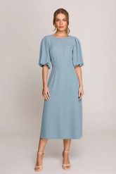 Elegancka sukienka koktajlowa z bufiastymi rękawami błękitna. Niebieskie sukienki damskie Stylove, na imprezę, s, bez wzorów, z elastanu, eleganckie, bez kołnierzyka, bez ramiączek, midi, dopasowane. Za 509.00 zł.
