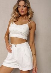 Białe Szorty Typu Bermudy z Bawełną i Lnem High Waist Fiefia. Białe szorty damskie Renee, bez wzorów, z bawełny, eleganckie, z podwyższonym stanem. Za 79.99 zł.