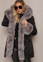 Czarno-Szara Kurtka Parka z Paskiem w Talii i Kapturem z Futerkiem Hizontia. Czarne kurtki damskie Renee, l, bez wzorów, z futra. Za 289.99 zł.
