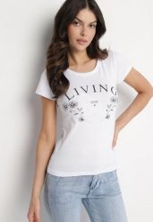 Biały Bawełniany T-shirt z Napisem Living i Nadrukiem Commea. Białe t-shirty damskie Born2be, l, bez wzorów, z bawełny, eleganckie, bez kołnierzyka, bez ramiączek. Za 34.99 zł.
