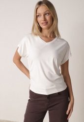 Biały T-shirt z Wiskozy z Trójkątnym Dekoltem Achiore. Białe t-shirty damskie Born2be, l, bez wzorów, z jeansu, klasyczne, bez kołnierzyka, bez ramiączek. Za 79.99 zł.