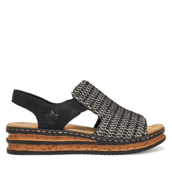 Sandały Rieker. Czarne sandały damskie Rieker, bez wzorów, bez obcasa, na koturnie, bez zapięcia. Za 239.99 zł.