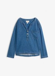 Lekka jeansowa tunika. Niebieskie tuniki damskie bonprix, bez wzorów, z bawełny, bez ramiączek. Za 124.99 zł.