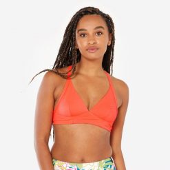 Góra kostiumu surfingowego teksturowana damska Olaian Bea. Brązowe bikini OLAIAN, bez wzorów, z materiału. Za 99.99 zł.