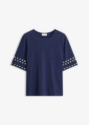 T-shirt z czystej bawełny. Niebieskie t-shirty damskie bonprix, bez wzorów, z bawełny, bez kołnierzyka, bez ramiączek. Za 84.99 zł.