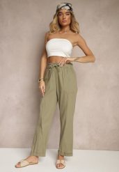 Ciemnozielone Spodnie z Bawełny High Waist z Wiązaniem Tyswia. Zielone spodnie materiałowe damskie Renee, bez wzorów, z bawełny, eleganckie, z podwyższonym stanem. Za 44.99 zł.