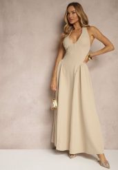 Beżowa Rozkloszowana Sukienka Halter z Wiązaniem i Odkrytymi Plecami Senicce. Brązowe sukienki damskie Renee, na imprezę, m, bez wzorów, eleganckie, bez kołnierzyka, bez ramiączek, maxi, rozkloszowane. Za 99.99 zł.