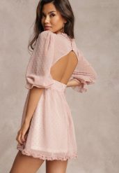 Różowa Sukienka Thelaia. Czerwone sukienki damskie Renee, l, bez wzorów, z tkaniny, wizytowe, bez kołnierzyka, bez ramiączek, mini, kopertowe. Za 129.99 zł.